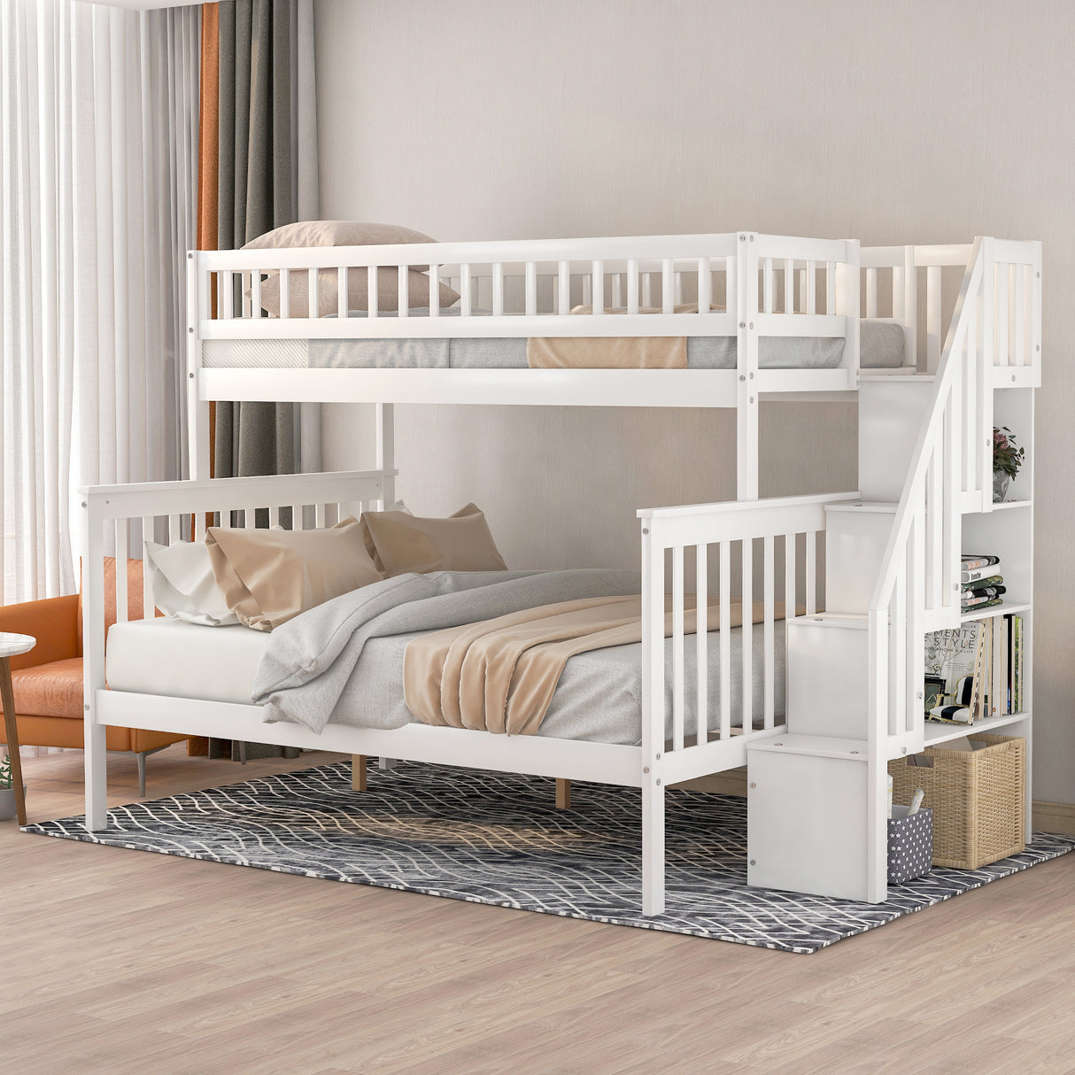 Twin over Full Stairway Bunk Bed with storage, White - Home Elegance USA