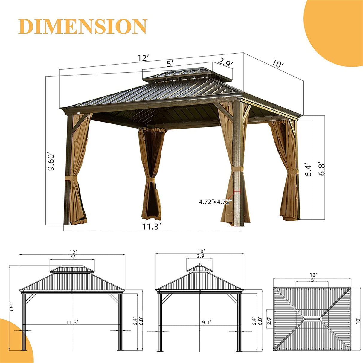 Hardtop Gazebo Outdoor Aluminum Gazebos Grill with Galvanized Steel Double Canopy for Patios Deck Backyard,Curtains&Netting