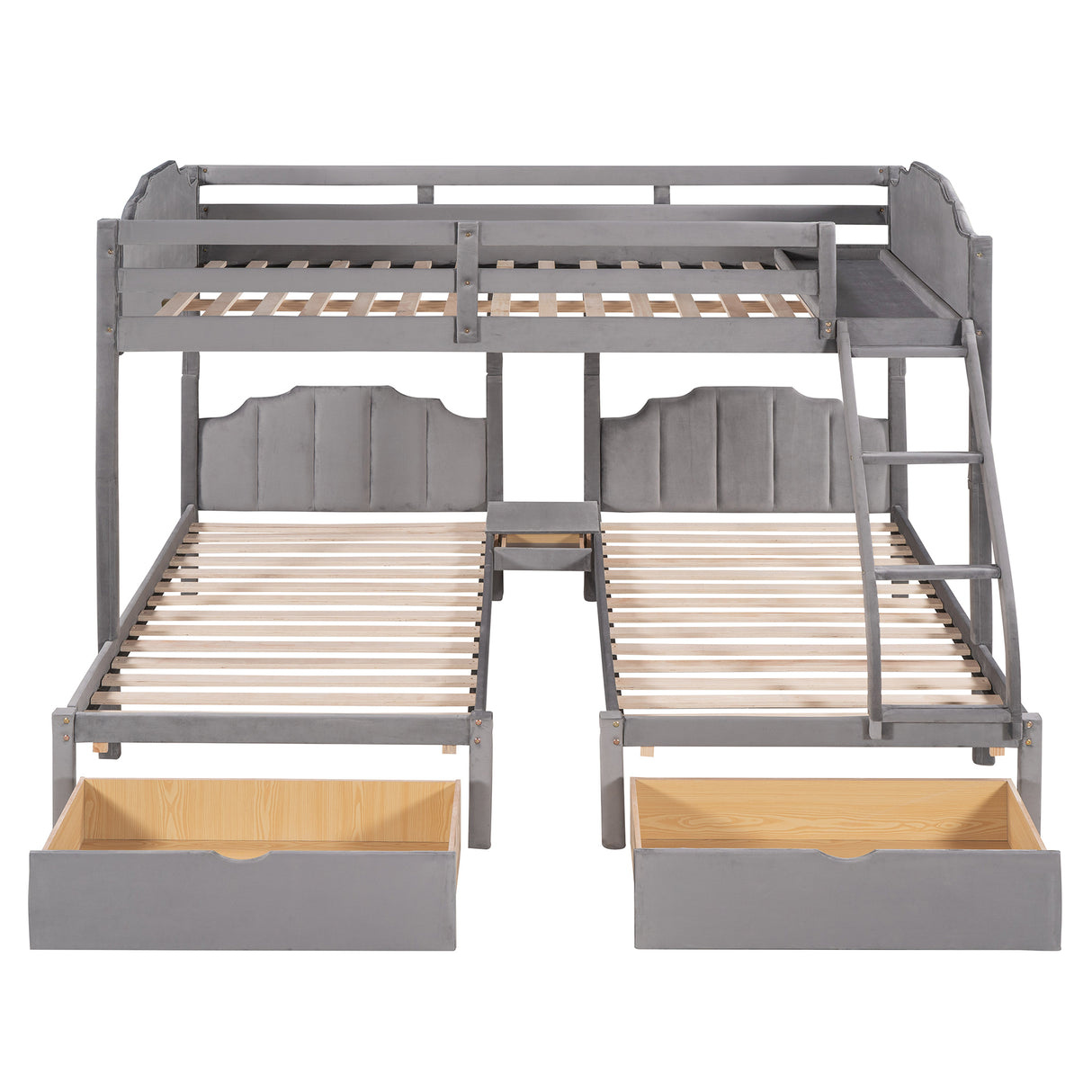 Full Over Twin & Twin Bunk Bed, Velvet Triple Bunk Bed with Drawers and Guardrails, Gray - Home Elegance USA