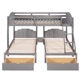 Full Over Twin & Twin Bunk Bed, Velvet Triple Bunk Bed with Drawers and Guardrails, Gray - Home Elegance USA