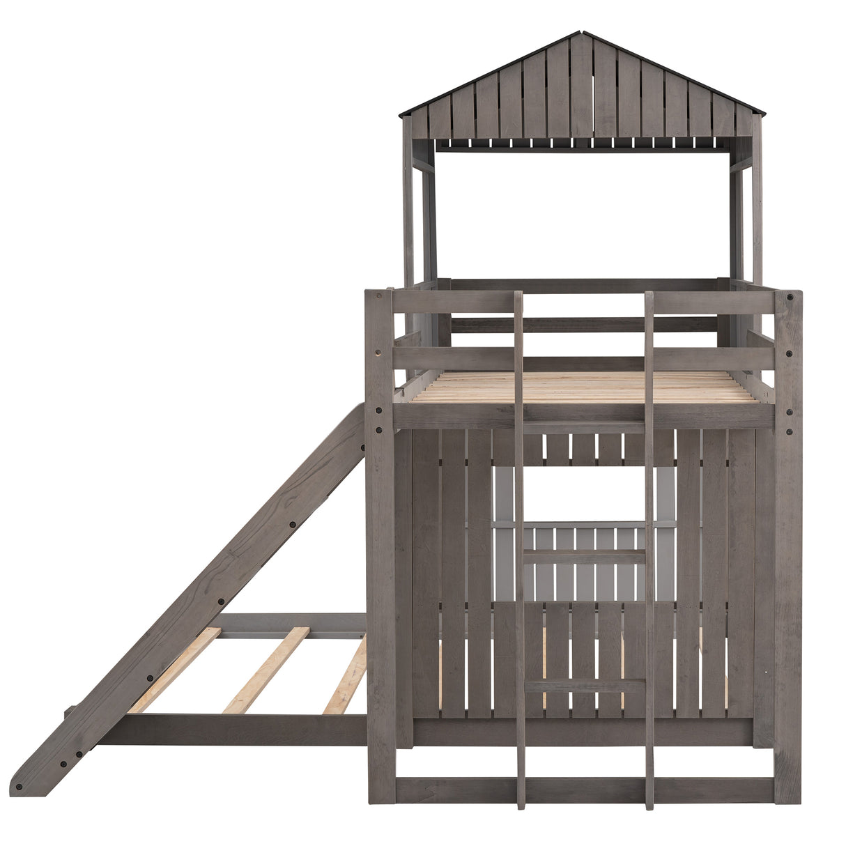 Wooden Twin Over Full Bunk Bed, Loft Bed with Playhouse, Farmhouse, Ladder, Slide and Guardrails, Antique Gray(OLD SKU :LT000028AAE) Home Elegance USA