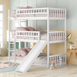 Twin-Over-Twin-Over-Twin Triple Bed with Built-in Ladder and Slide , Triple Bunk Bed with Guardrails, White - Home Elegance USA