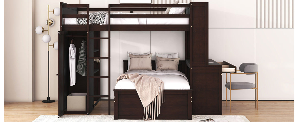 Full size Loft Bed with a twin size Stand-alone bed, Shelves,Desk,and Wardrobe-Espresso - Home Elegance USA