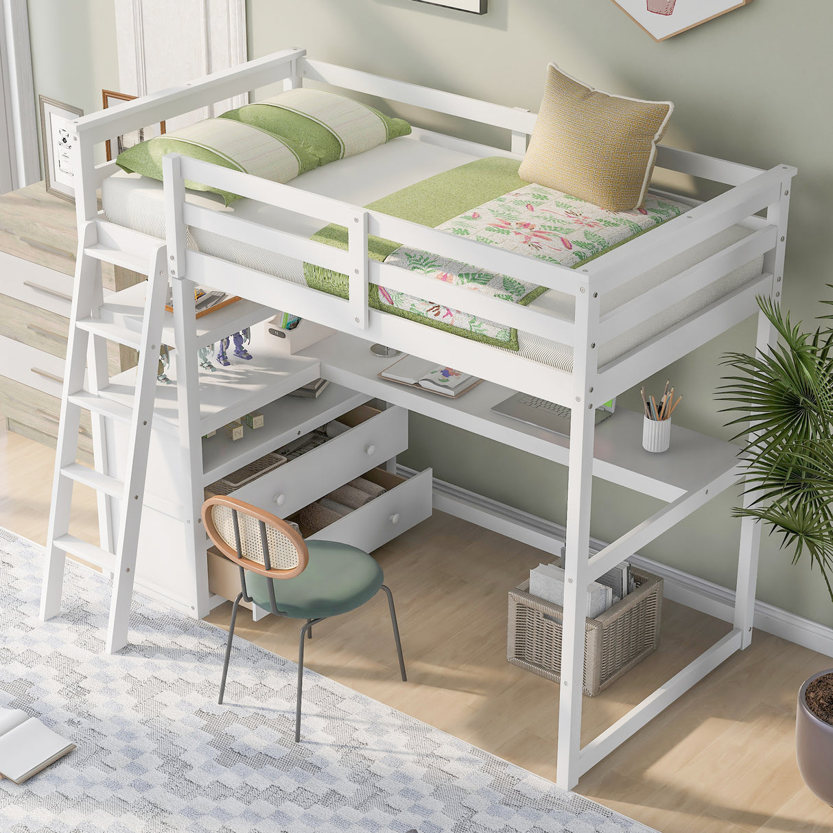 Twin Size Loft Bed with Desk and Shelves, Two Built-in Drawers, White (old SKU: GX000803AAK-1） - Home Elegance USA