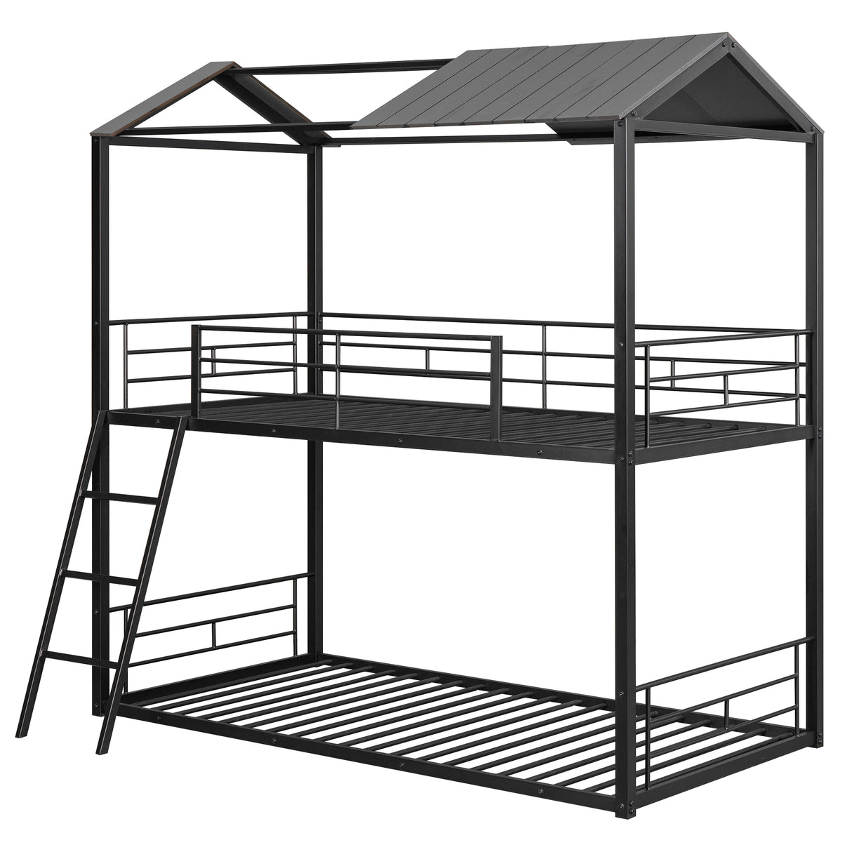 Twin Over Twin Bunk Bed Metal Bed with Half Roof, Guardrail and Ladder Black - Home Elegance USA