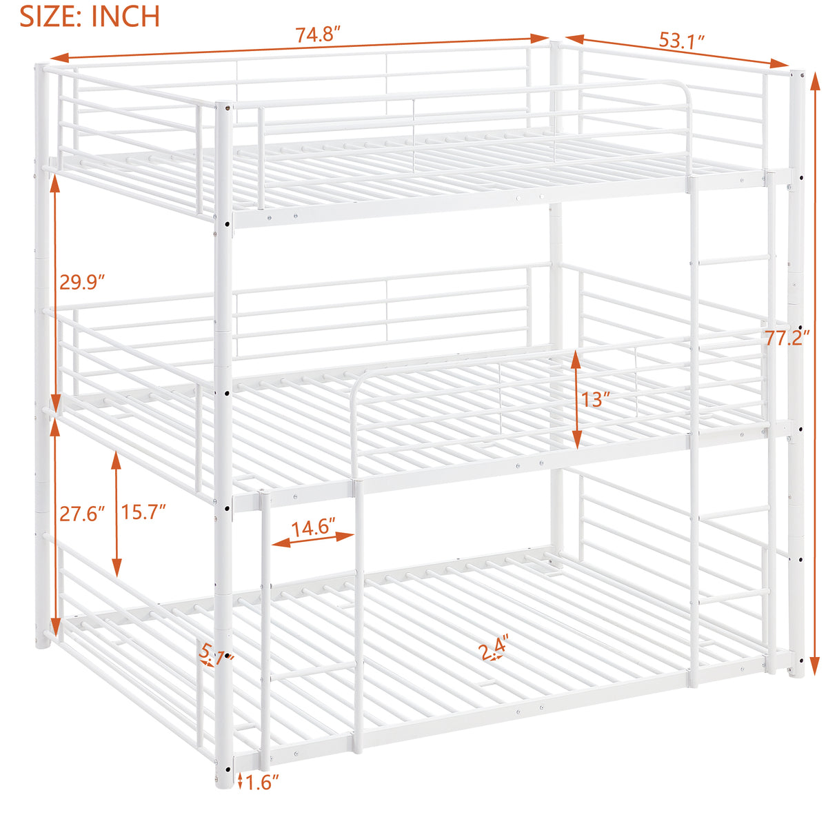 Full-Full-Full Metal  Triple Bed  with Built-in Ladder, Divided into Three Separate Beds,White - Home Elegance USA