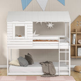 Twin Over Twin Bunk Bed Wood Loft Bed with Roof, Window, Guardrail, Ladder (White) (OLD SKU :LP000062AAK) - Home Elegance USA