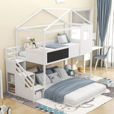 Twin over Full House Bunk Bed with Storage Staircase and Blackboard,White - Home Elegance USA