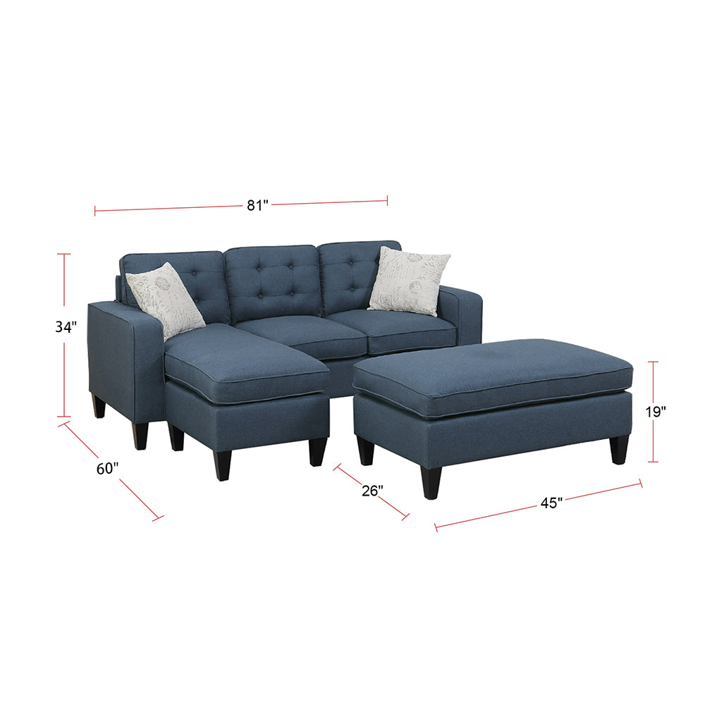 Polyfiber Reversible Sectional Sofa with Ottoamn in Navy - Home Elegance USA