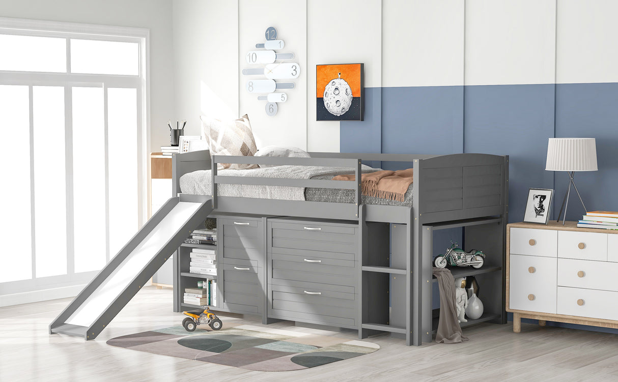 Low Twin Size Loft Bed with Cabinets, Shelves and Slide - Gray(OLD SKU :LP000503AAE) - Home Elegance USA