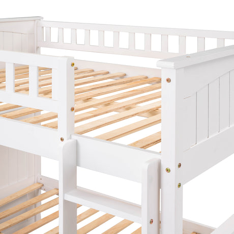 Full Over Full Bunk Bed with Twin Size Trundle, Pine Wood Bunk Bed with Guardrails, White （Old SKU:LP000044AAK）