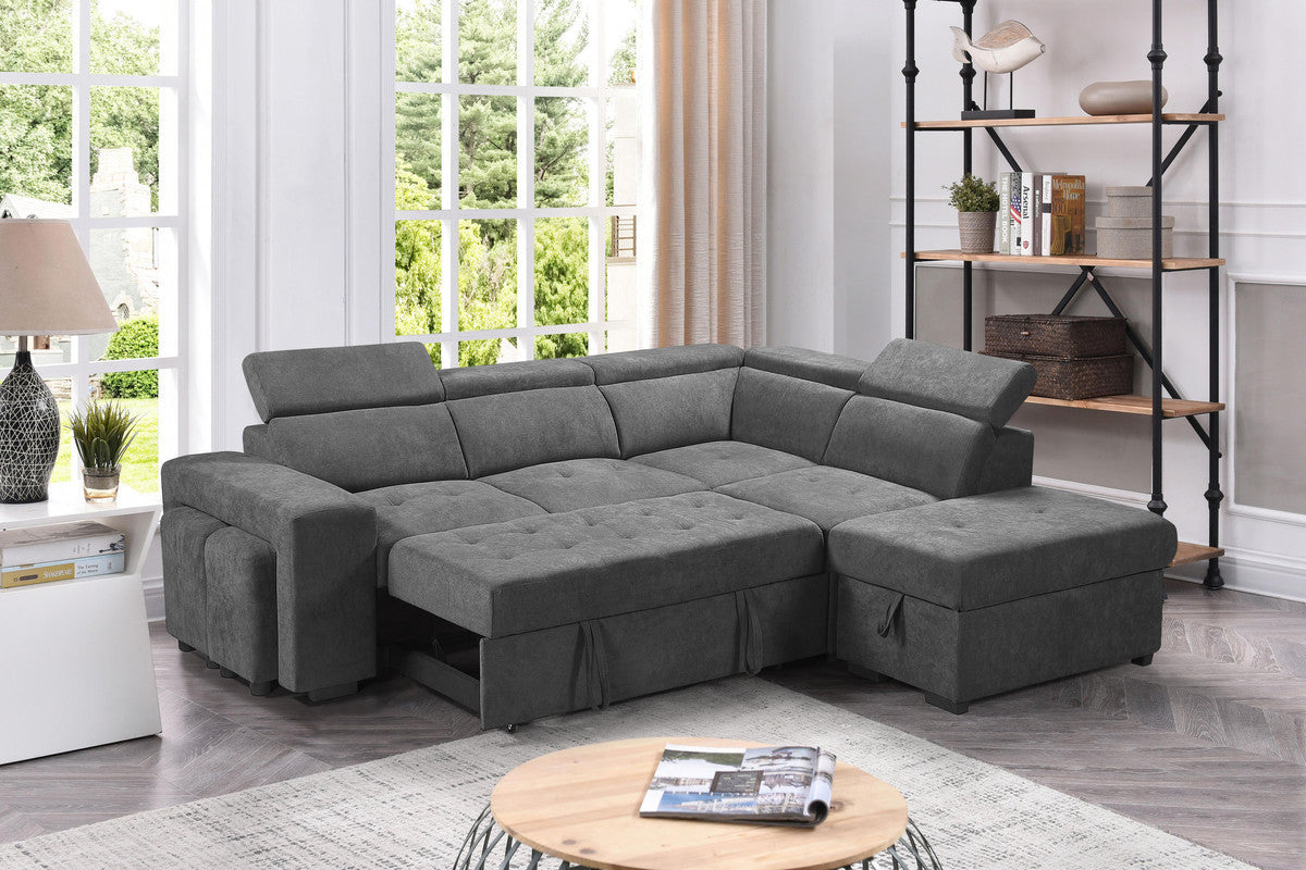 Henrik Light Gray Sleeper Sectional Sofa with Storage Ottoman and 2 Stools - Home Elegance USA