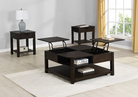 Flora 3 Piece Dark Brown MDF Lift Top Coffee and End Table Set - Home Elegance USA
