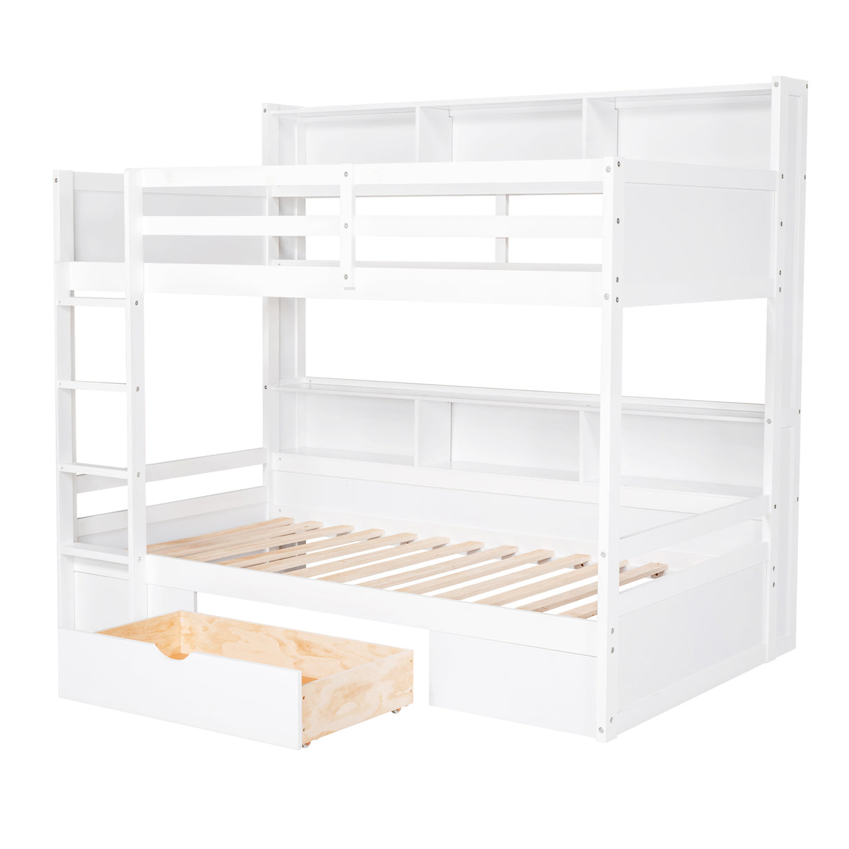 Twin Size Bunk Bed with Built-in Shelves Beside both Upper and Down Bed and Storage Drawer,White - Home Elegance USA