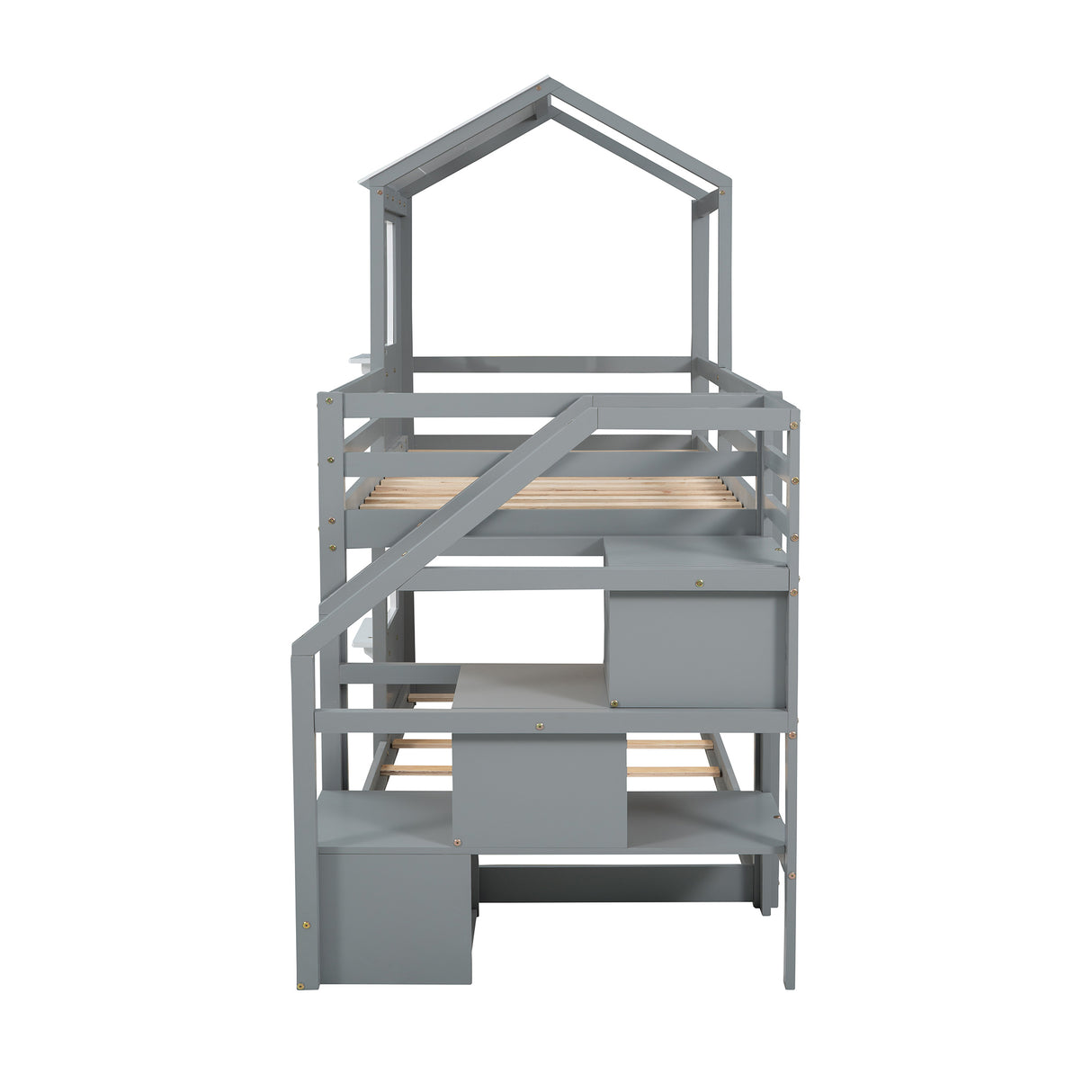 Twin Over Twin Bunk Bed with Storage Stairs,Wood Bed with Roof, Window, Guardrail, Ladder，Gray+White - Home Elegance USA