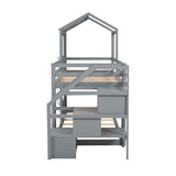 Twin Over Twin Bunk Bed with Storage Stairs,Wood Bed with Roof, Window, Guardrail, Ladder，Gray+White - Home Elegance USA