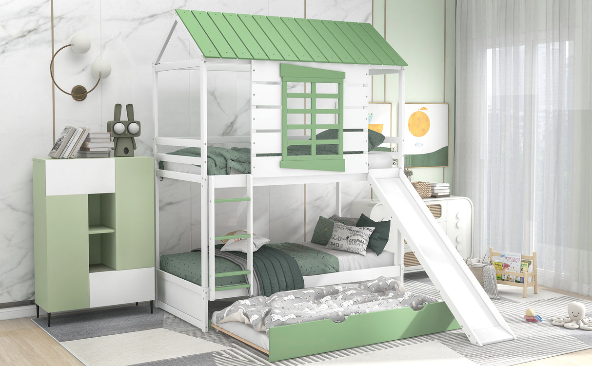 Twin over Twin Size House Bunk Bed with Convertible Slide and Trundle, White+Green - Home Elegance USA