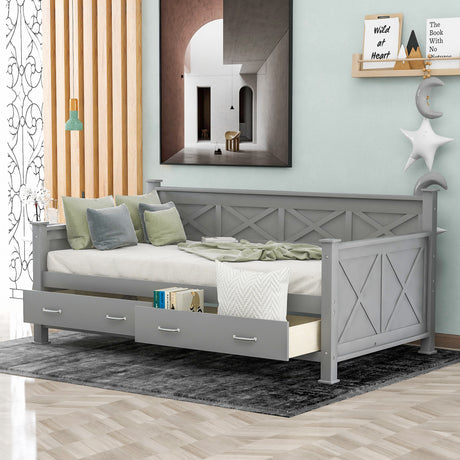 Twin Size Daybed with 2 Large Drawers, X-shaped Frame, Modern and Rustic Casual Style Daybed, Gray - Home Elegance USA