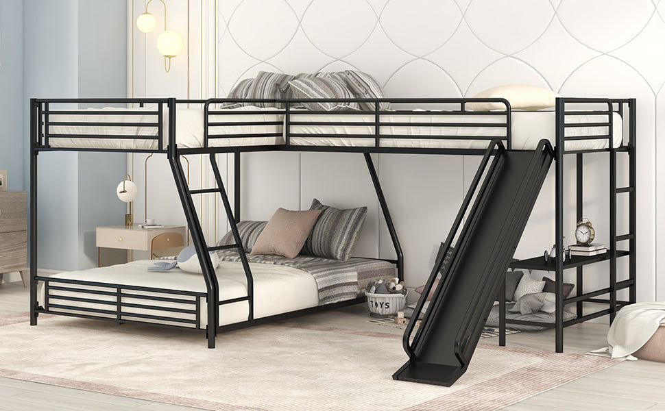 L-Shaped Twin over Full Bunk Bed with Twin Size Loft Bed,Built-in Desk and Slide,Black - Home Elegance USA