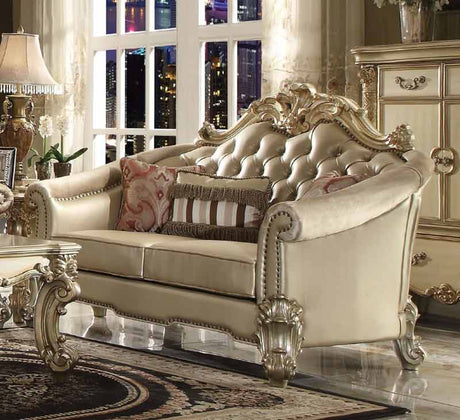 Acme Furniture - Vendome II Loveseat with 3 Pillows, Bone PU & Gold Patina - 53121