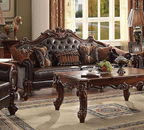 Acme Furniture - Vendome II Sofa with 5 Pillows, 2-Tone Dark Brown PU & Cherry - 53130