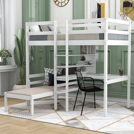 Convertible Loft Bed with L-Shape Desk, Twin Bunk Bed with Shelves and Ladder, White(OLD SKU:SM000209AAK-1) - Home Elegance USA