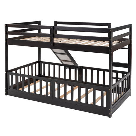 Twin Over Twin Bunk Bed with Slide and Ladder, Espresso（Old SKU:LP000009AAP） - Home Elegance USA