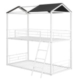 Twin Over Twin Bunk Bed Metal Bed with Half Roof, Guardrail and Ladder White - Home Elegance USA