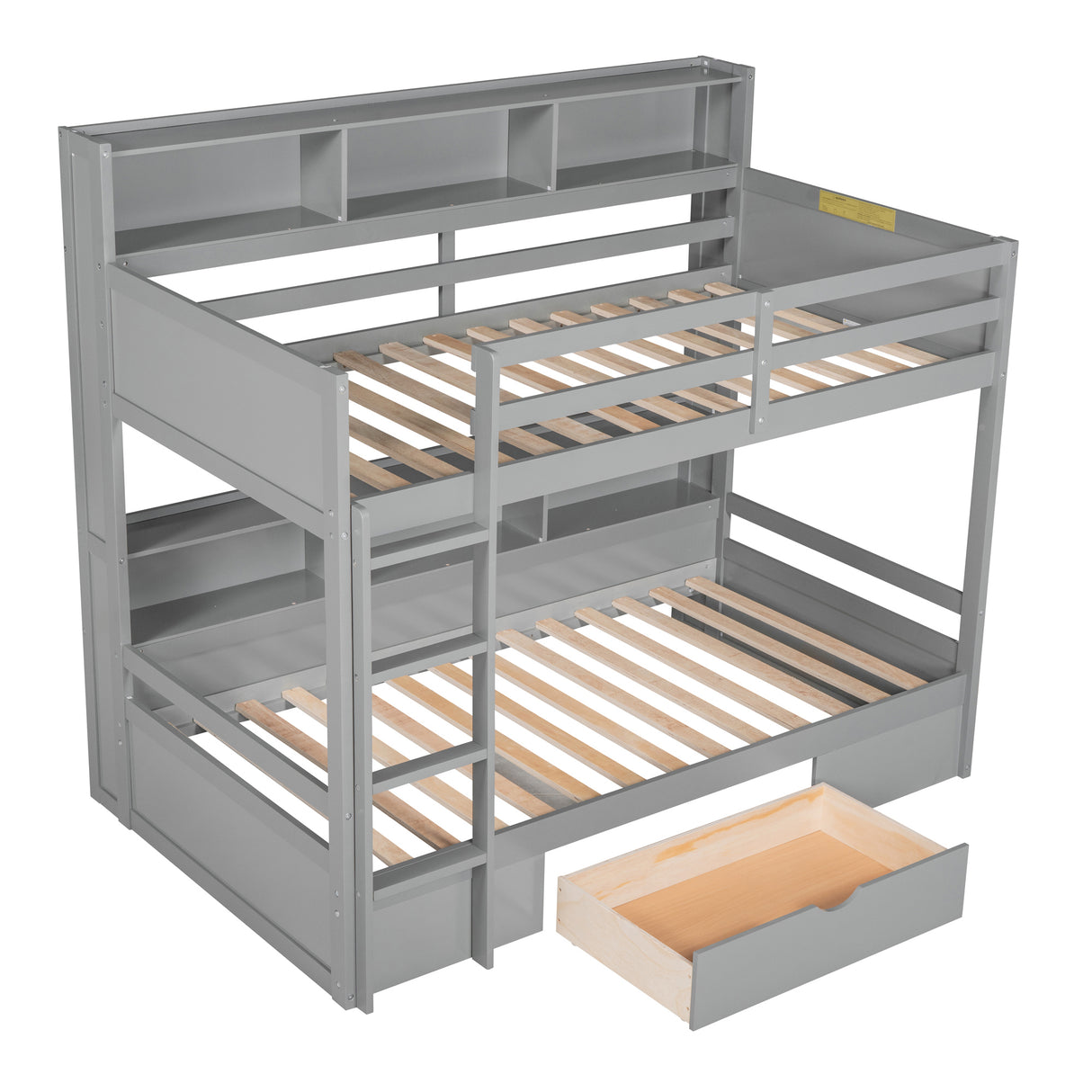 Twin Size Bunk Bed with Built-in Shelves Beside both Upper and Down Bed and Storage Drawer,Gray - Home Elegance USA