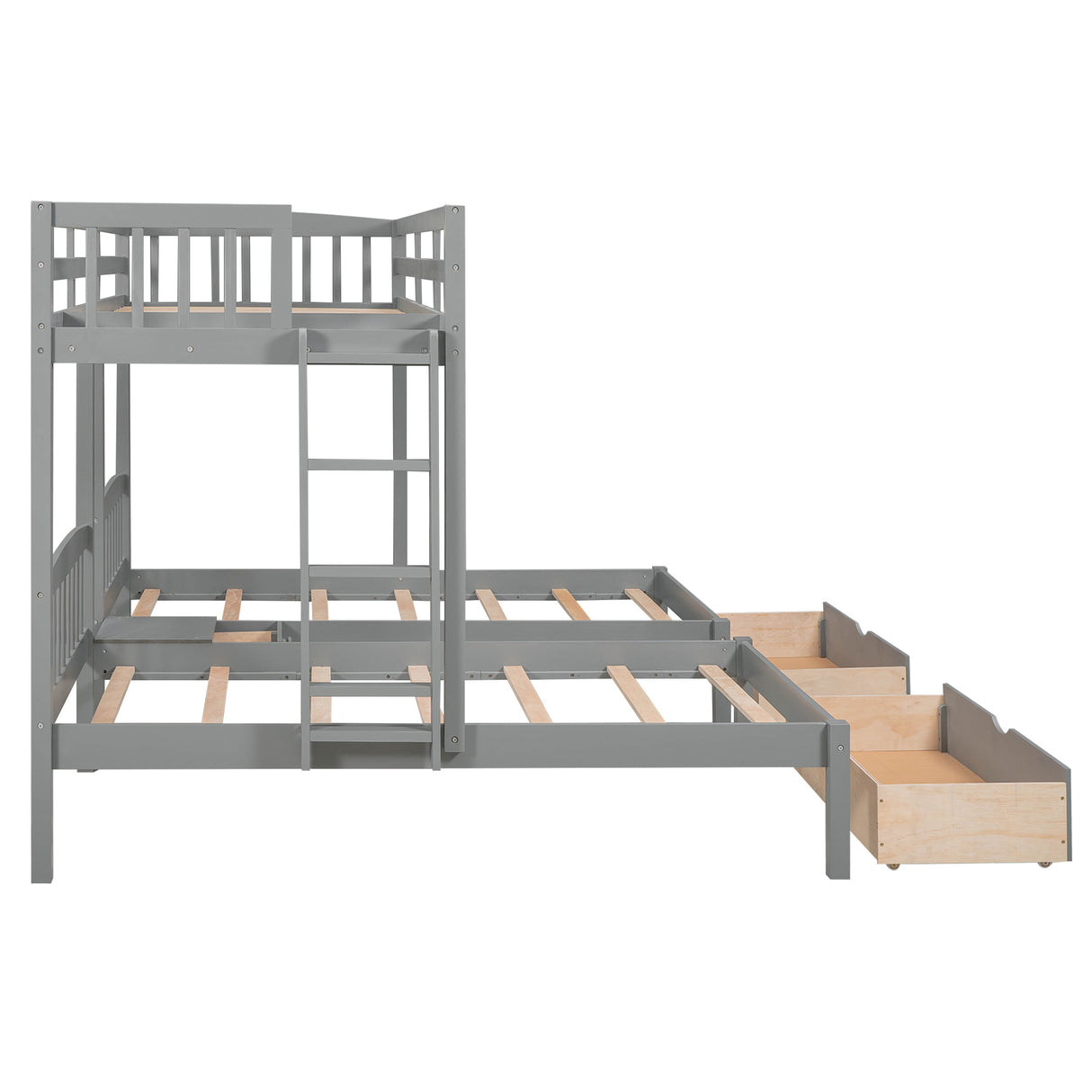 Twin over Twin & Twin Bunk Bed with Two Drawers and Built-in Middle Drawer, Gray - Home Elegance USA