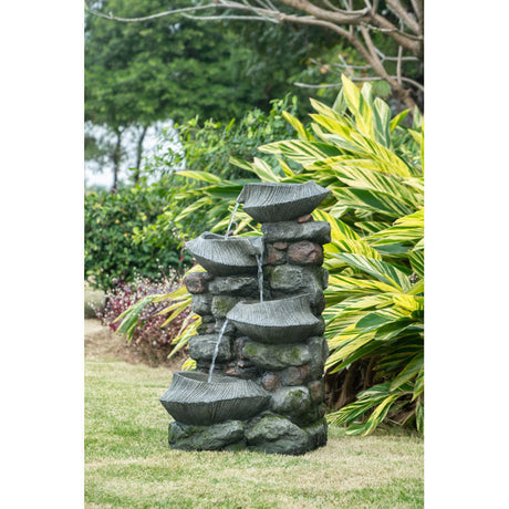 32" Tall 4-Tier rock formation Polyresin Fountain with Light Outdoor Stone Water Feature for Garden or Backyard
