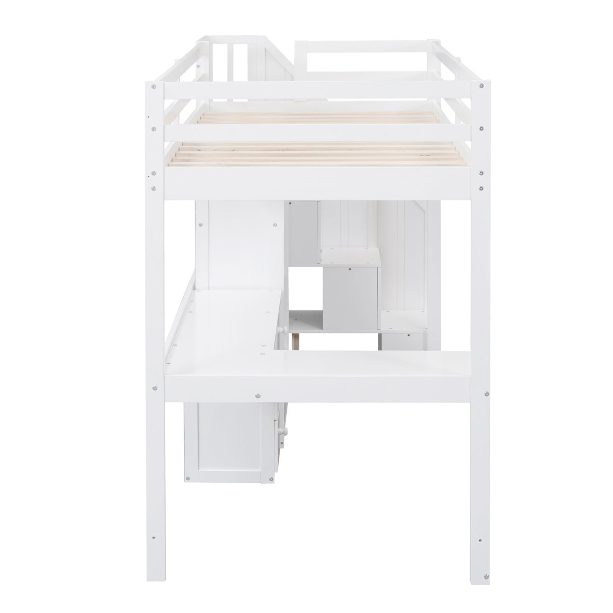 Twin Size Loft Bed with L-Shaped Desk and Drawers, Cabinet and Storage Staircase, White - Home Elegance USA