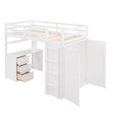 Twin size Loft Bed with Drawers,Desk,and Wardrobe-White - Home Elegance USA