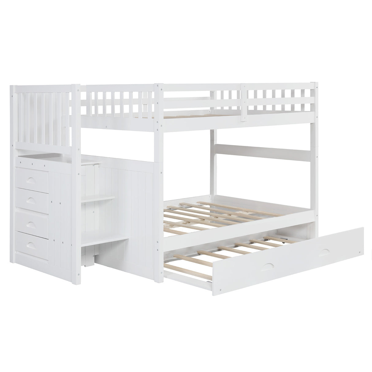 Full Over Full Bunk Bed with Twin Size Trundle (White) - Home Elegance USA