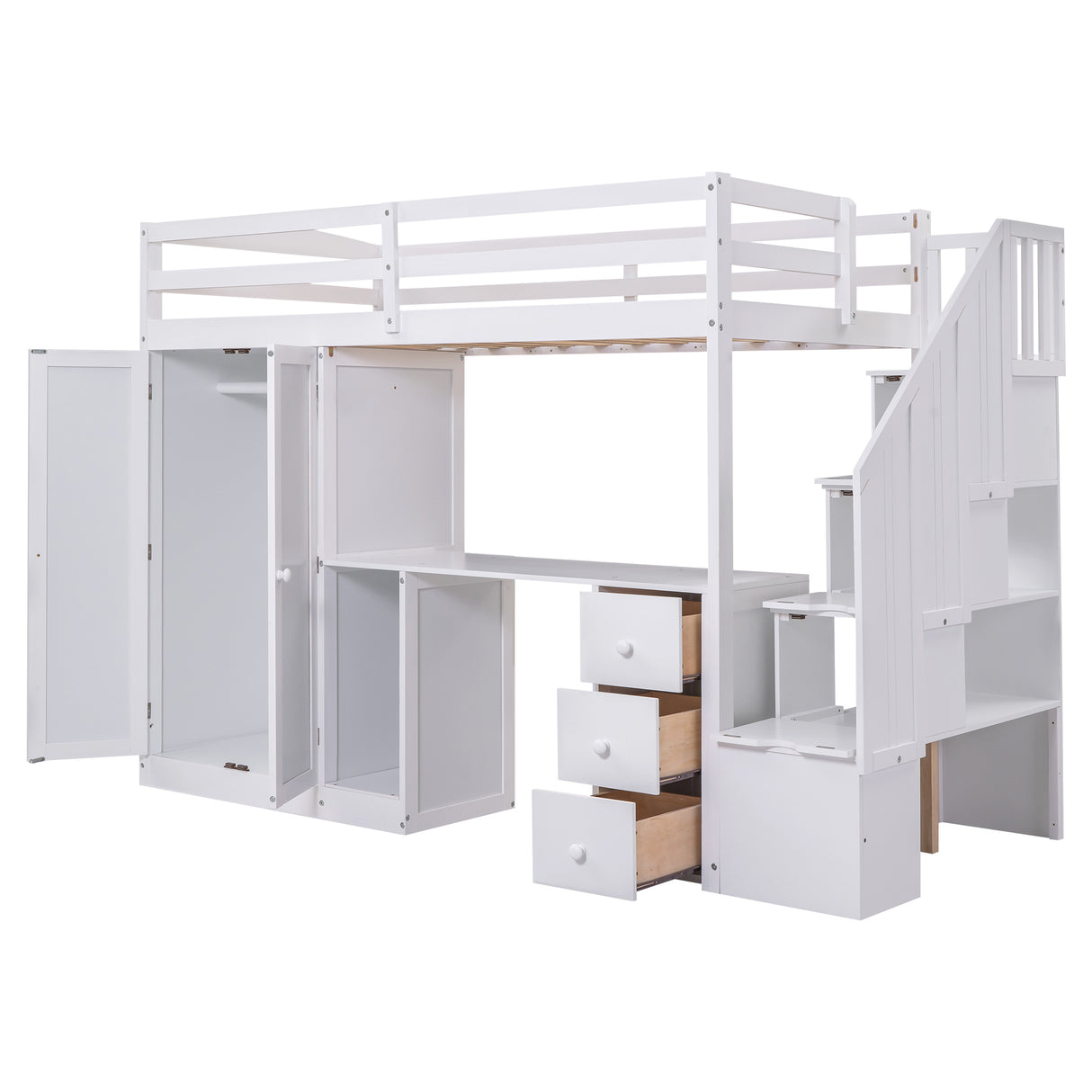 Twin Size Loft Bed with Wardrobe and Staircase, Desk and Storage Drawers and Cabinet in 1, White - Home Elegance USA