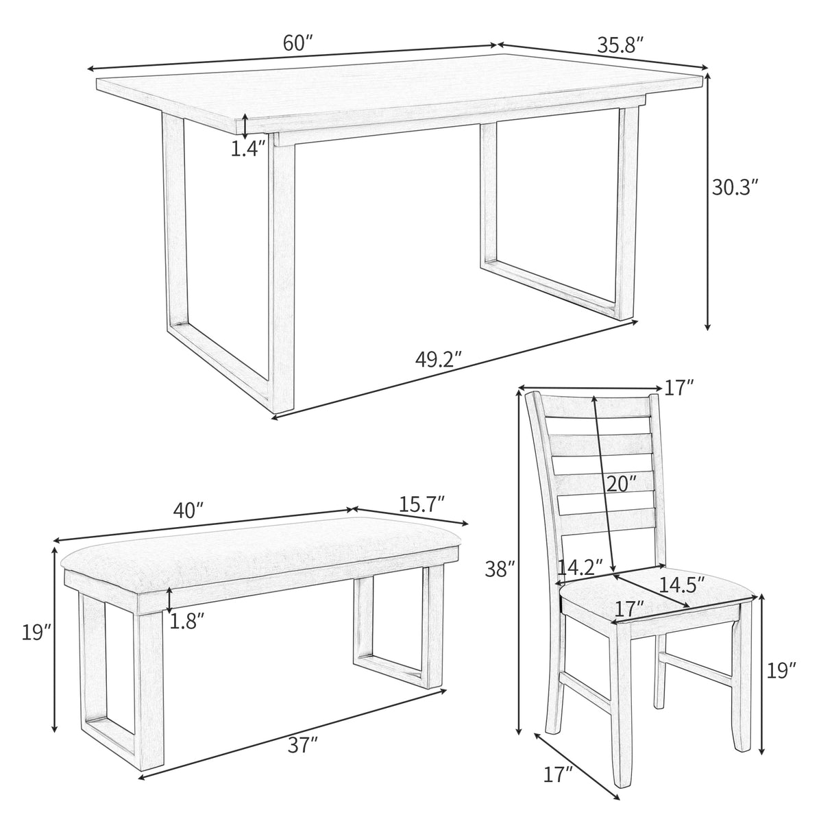 TREXM 6-Pieces Family Furniture, Solid Wood Dining Room Set with Rectangular Table & 4 Chairs with Bench(Gray) - Home Elegance USA