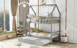 Twin over Twin House Bunk Bed with Trundle and Chimney Design,Gray - Home Elegance USA