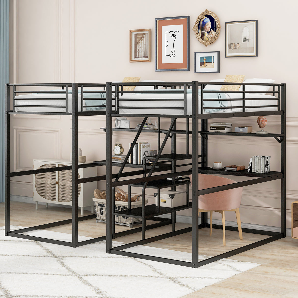 Double Twin over Twin Metal Bunk Bed with Desk, Shelves and Storage Staircase, Black - Home Elegance USA