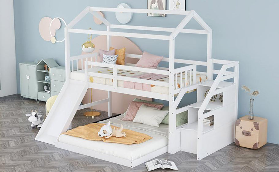 Twin over Full House Bunk Bed with Convertible Slide and Storage Staircase,Full-Length Guardrail,White - Home Elegance USA