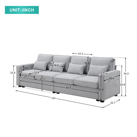 [VIDEO provided] [New] 104" 4-Seater Modern Linen Fabric Sofa with Armrest Pockets and 4 Pillows,Minimalist Style Couch for Living Room, Apartment, Office,3 Colors - Home Elegance USA