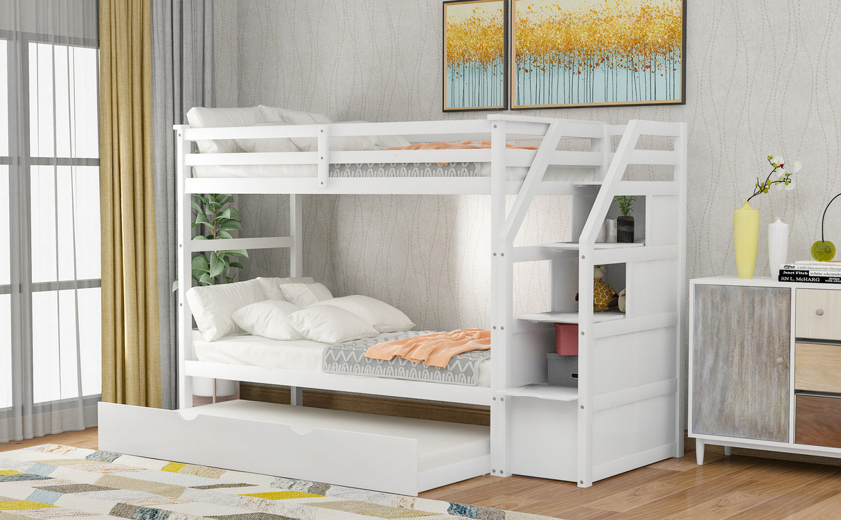 Twin-Over-Twin Bunk Bed with Twin Size Trundle and 3 Storage Stairs,White(OLD SKU :LP000064AAK) - Home Elegance USA