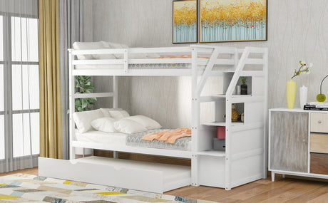 Twin-Over-Twin Bunk Bed with Twin Size Trundle and 3 Storage Stairs,White(OLD SKU :LP000064AAK)
