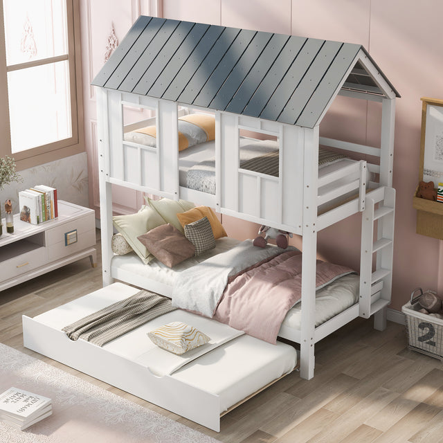 House Bunk Bed with Trundle,Roof and Windows,White(OLD SKU:GX000705AAK) - Home Elegance USA