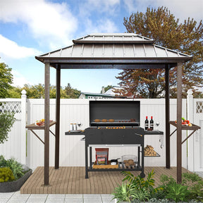 8' × 6' Grill Gazebo | Aluminum BBQ Metal Frame with Shelves & Serving Tables | Permanent Double Roof Hardtop for Patio, Lawn & Backyard – Brown
