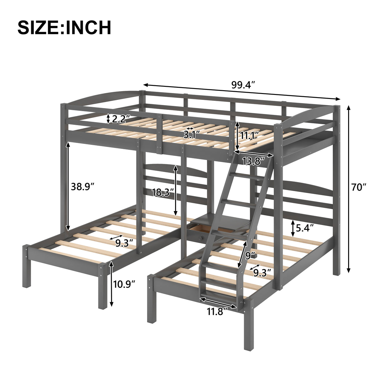 Full over Twin & Twin Bunk Bed,Triple Bunk Bed, Gray - Home Elegance USA