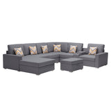 Nolan Gray Linen Fabric 8Pc Reversible Chaise Sectional Sofa with Interchangeable Legs, Pillows, Storage Ottoman, and a USB, Charging Ports, Cupholders, Storage Console Table - Home Elegance USA