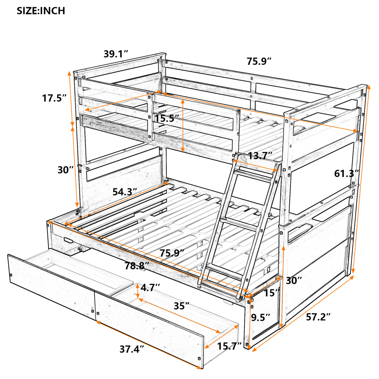 Twin over Full Bunk Bed with Storage - Gray(OLD SKU :LP000022AAE) - Home Elegance USA