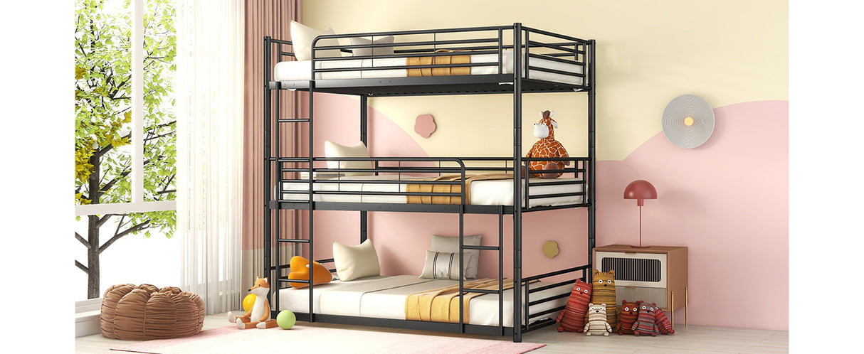 Full-Full-Full Metal  Triple Bed  with Built-in Ladder, Divided into Three Separate Beds,Black - Home Elegance USA