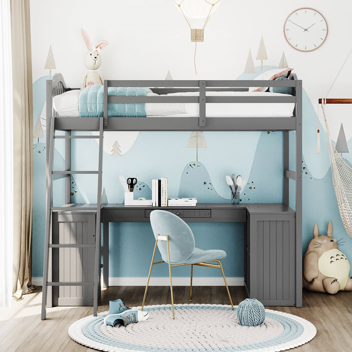 Twin size Loft Bed with Drawers, Cabinet, Shelves and Desk, Wooden Loft Bed with Desk - Gray(OLD SKU :LT000505AAE) - Home Elegance USA