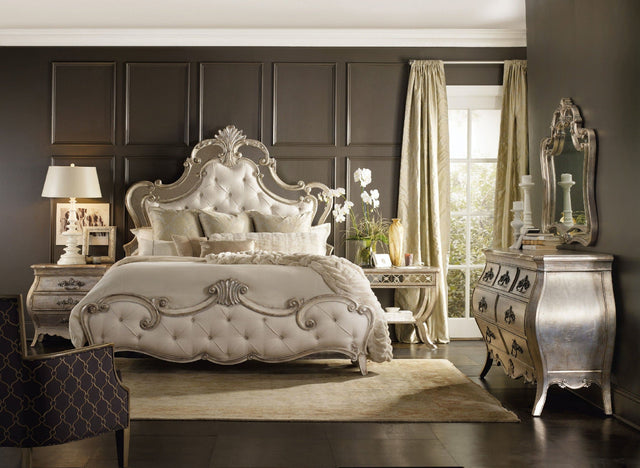 Sanctuary Traditional Upholstered Panel Bed in Beige and Silver Leaf | Hooker Furniture